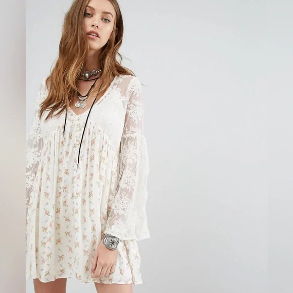 Denim Supply Ralph Lauren Bohemian Printed Tea Dress Lace Flare Sleeves Prairie - Picture 1 of 14
